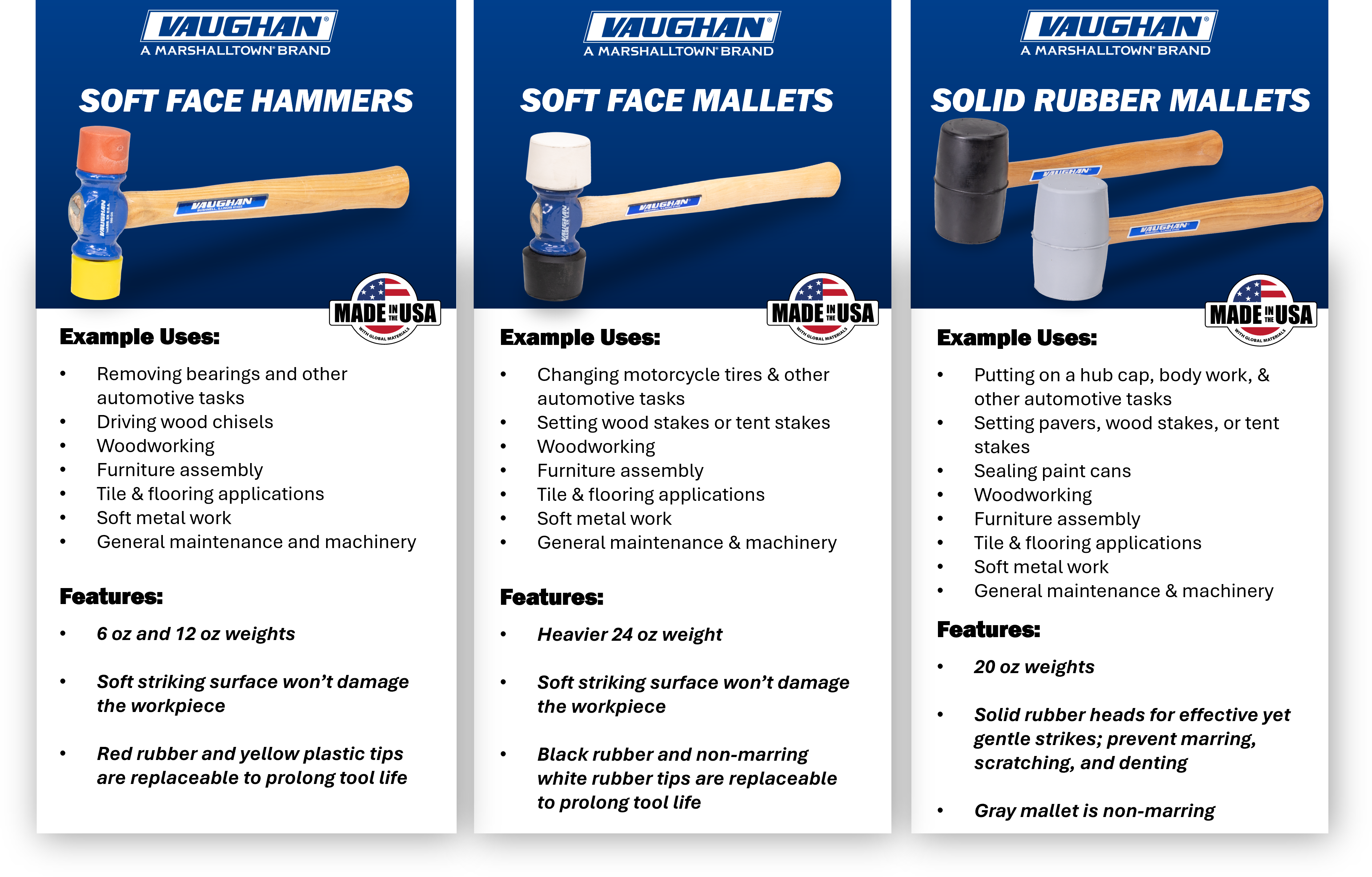 the uses and features of the soft face hammers and mallets
